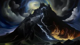 Una criatura de nubes vivientes y relámpagos internos flota sobre una cadena montañosa de obsidiana durante una tormenta eléctrica de plasma, su sombra proyecta mapas de constelaciones en el suelo, estilo de pintura expresionista con pinceladas agitadas y contrastes violentos, inspirado en la intensidad emocional de Edvard Munch y la escala cósmica de Thomas Cole.