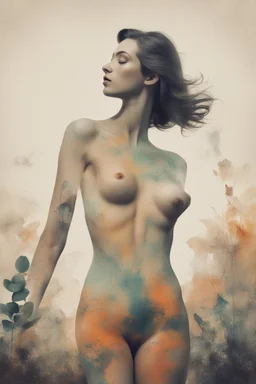 A minimalist, with a vintage twist, featuring a sleek and stylized unclad woman body silhouette against a faded, women body is painting about nature, awosome, bright.