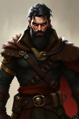 handsome masculine human male rogue dnd good looks serious cocky dark hair beard yellow eyes full body