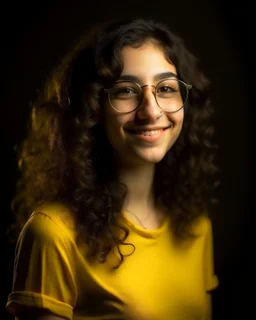 Jeune femme au sourire éclatant, longue et élancée, button nose, cheveux noirs, longs, bouclés et volumineux, porte de grandes lunettes rondes à la monture transparente. Elle porte un t-shirt de couleur jaune moutarde avec une chemise florale transparente. Rembrandt style lighting, 8k, portrait, HD.