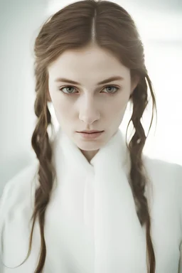 A young woman with cascading brown hair, her back turned to the viewer, stands in a stark white room. The studio lights cast a soft glow on her skin, highlighting the blood trickling from her ear. Realistic photo, studio light