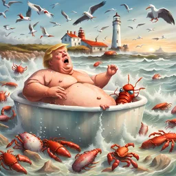 Donald Trump as a Fat man in a claw foot bathtub sinking in the ocean. Water lapping at the top of the tube. Panic on his face. Scared, screaming for help. Surrounded by seagulls, lobsters and crabs. there is a colorful light house in the background.