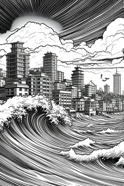 a tsunami over a cartoon city in black and white