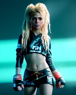 portrait, Shakira, blonde artist, angry, Realistic image, MMA robe, hoodie, mma gloves, fight pose, eyes, make-up, gold line make-up, moisture, sweat, fog, goddess, Neon colors, leds. Black background, photo studio, concept art, smooth, unreal engine 5, god lights, ray tracing, RTX, lumen lighting, ultra detail, volumetric lighting, 3d, finely drawn, high definition, 4k.