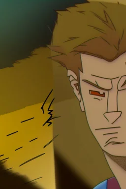 Redraw the cartoon character and fix the image resolution His hair is brown and long, but messy. His lips are closed, showing his bravery. His eyes are lined, showing his determination. He has shadows under his eyes, showing his stress and convert the drawing view 3D panel style digital Painting detailed with a panoramic scene Ultra-wide angle Highly realistic precise details Detailed