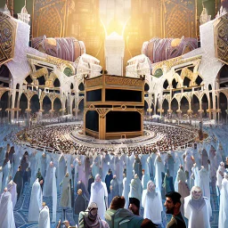 The scene in Mecca: People wearing white Ihram clothes, men without head coverings, women with veils, circumambulating around the Kaaba, and above them are transparent white spirits of children, men, and women with wings revolving around the Kaaba.