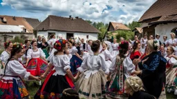 hungarian village wedding, group of women dancing in authentic Hungarian sárköz colorful folk dress with flowers shapes , high realistic, high qulity, detailed, happy, stunning, perfect photo