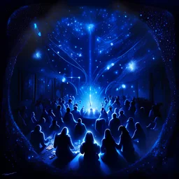 A zoom meeting with many participants ,dark blue glowing light, fantasy, magic, dark, stars, sparkle
