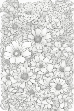 black and white wide beautiful cute floral frame for coloring pages, use a lot of big flowers, go all the way to the edges but leave a lot of space in the middle of the page, use only black and white, clear crisp outlines, no black background, go all the way to the outer edges of the page, use more space in the center of the page