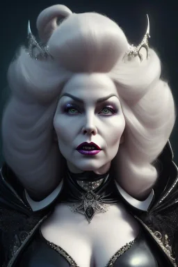 Mae West as evil queen in black leather, leather, busty, cleavage, angry, stern look. character design by cory loftis, fenghua zhong, ryohei hase, ismail inceoglu and ruan jia. unreal engine 5, artistic lighting, highly detailed, photorealistic, fantasy