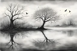 Illustration of a lonely dark tree with barren branches stands on a water's edge, reflected in the water, fog, crows in the sky, timelessness and dying, mystical landscape, pencil drawing