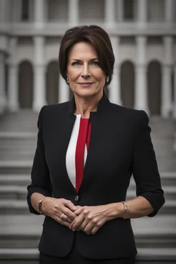 Powerful classical portrait of a modern brunette politician in her late 40s wearing a dark top a little zoomed out