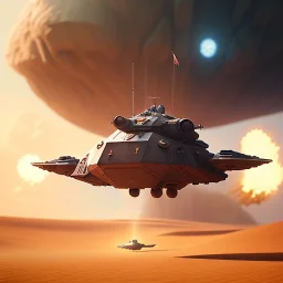 octane render volumetric desert war environment, Ralph McQuarrie style painting of an armored hovercraft with cannon, floating in the air, highly detailed, minutiae, nimbus storm, renderman