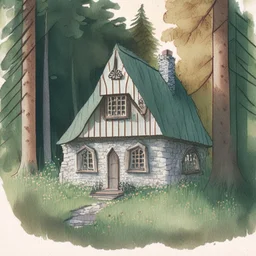 A color architecture drawing of a cottage in the woods