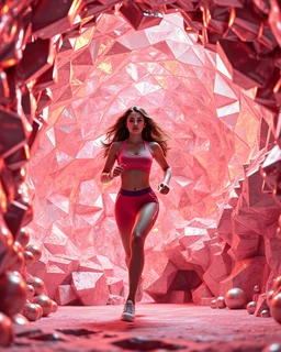 make a picture pretty cave made of crystal and metallic 3d fractal recursive cubic and sphere base structures and a beautiful fashion model lady with cute,curvy long hair,makeup, in pretty sports suit is running inside cave ,dynamic camera fallow her inside cave capturing full body, dynamic lights.