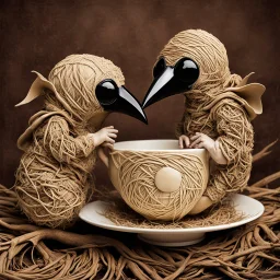 Close-up of Plague Doctor beak-masked babies snuggling in surreal natural root-woven teacup, yin-yang, by Anne Geddes and Tim Burton, mind-bending realism, weirdcore, adorably strange, natural lighting