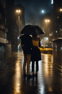 A couple hugging each other’s in a rainy night looking at the city