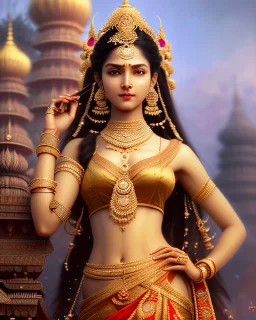 Detailed hot indian goddess, intricate details, full body portrait, keep head in frame, slight, black Japanese motif, concept art, highly detailed, digital painting, concept art, sharp focus, illustration, art by Yoji Shinkawa, WLOP and greg rutkowski and alphonse mucha and artgerm and yanjun Chen and Junji ito and Makoto Shinkai, HDR, octane render