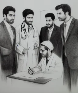 Pencil sketch of Four doctors are discussing ، on lined paper