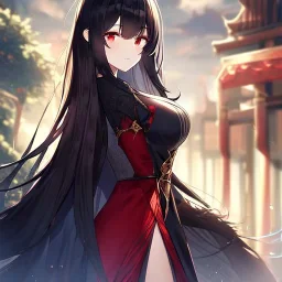 Clear focus, high resolution, black long fluffy hair, red eyes, wearing a detailed outfit