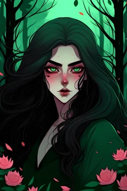 Demon slayer.female with long black stight hair and green eyes,pink lips,long lashes.Beautiful background in a forest with plowers