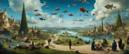 Salvador Dali and Hieronymus Bosch talk to each other at an outdoor surrealist market. A herd of dream-like sky-fish swim high in the far distant sky, with a beautiful surreal outdoor countryside summer scene with hills, pathways, steps, waterfalls, and an intricate fractal sky, very high detail, photorealistic, epic cinematic, 8K, Large depth of field