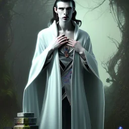  vampire poet wearing soft robes and blue gloves,dark stone statue, lively eyes,hidden hands, framed by foliage, shiny eyes, holding up scroll