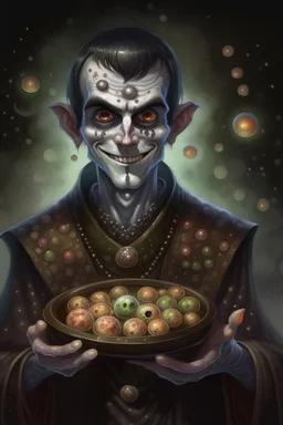 book cover illustration, spotty oil painting portrait of metallic dark faced slightly cute smirking vampire holding small earth on a platter, bokeh , high detail, smooth render, prize winning