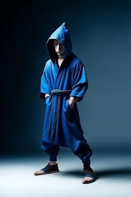 young human rogue in blue kimono clothing hood down full body