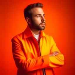 high quality photography 30 year old handsome developer man, stock photo premium, epic view, bright background, low-angle shot, closeup. tennis jacket, orange background. close face.