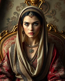 A stunning Arabian woman with porcelain skin, high cheekbones, and piercing green eyes, dressed in a traditional embroidered sarafan, sits regally in a lavish, ornate chair, surrounded by opulent fabrics and gold accents, as if plucked from a 19th-century Russian aristocratic portrait, rendered in exquisite hyper-realistic detail, with the rich textures and subtle play of light and shadow characteristic of a masterful oil painting, reminiscent of the works of Ivan Kramskoi, Zinaida Serebriakova
