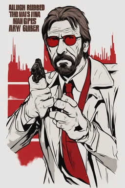 a tough looking, angry Hans Gruber wearing solid red glasses