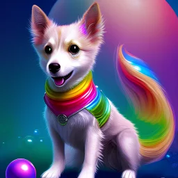 a sparkly dog with golden hair and rainbow shoes in fairyland, really cute, bubble gum, detailed, RTX, fantasy, 8K