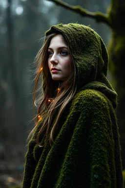 40 year old woman made of starlight in a moss cloak