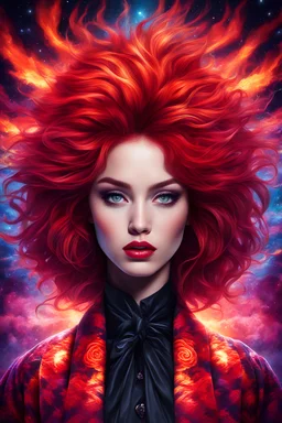 Hypnotic illustration of that crazy chic who won't stop calling, thoughts escaping from her head, large (flaming red poofy hair:1.0), (trippy art:1.9), hypnotic psychedelic, (pop surrealism:1.9), dark glow tie dye paint, mystical, starlight, front view, (frontview:1.3), hypnotic swirling background, outfit adorned with mesmerizing geometry patterns, burton moon (tim burton style:1.3)
