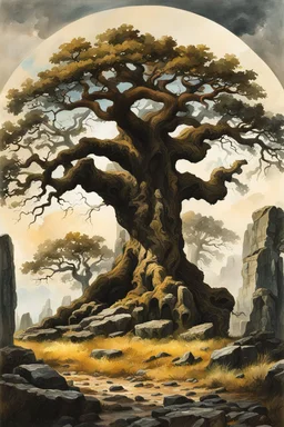 museum quality oil with watercolor underpainting of a massive sentinel oak within a circle of ancient Druidic standing stones , in the style of Karl Bodmer, and Winslow Homer, rendered as an aquatint, with a fine art aesthetic, highly detailed , 8k UHD cinegraphic realism, dramatic natural lighting