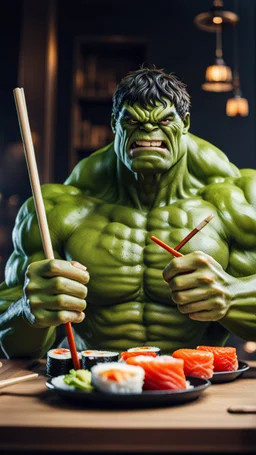 a hulk eating sushi with chopsticks, quality, full, raw photo, 8K UHD, police