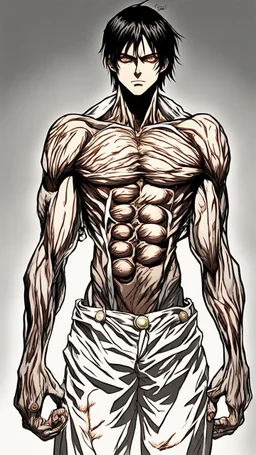 pattern Eren Yeager undergoes a profound transformation into his Titan form. The scene is bathed in an otherworldly, powerful light that highlights every intricate detail of his changing anatomy. The transformation is not only physical but also emotional as Eren grapples with the brutal power surging through him. Describe this awe-inspiring moment with vivid detail capturing the intensity of the metamorphosis the emotional turmoil within Eren, and the sheer raw power emanating from his Titan for