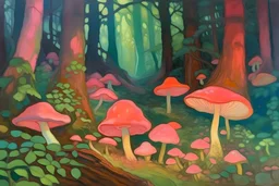 A forest filled with pink glowing mushrooms painted by Paul Gauguin