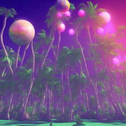 1980's aesthetic vaporwave palm trees with spheres and ufos