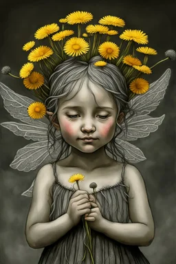 pencil and charcoal sketch of a cute happy little dandelion fairy girl, Mucha inspired emotional nature ephemeral sculptures of Andy Goldsworthy, tiny human form, essence captured as if created by surrealist photographer Noel S Osvald rendered in bright ombre colors, mixed with influences by John Bauer and Tim Burton, faded dark grey background, minimalistic art, with details that reflect advanced rendering techniques that push the drawing's realism even further Modifiers: trending on Artstation