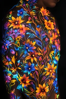 Art flowers body paintineons glowing light in the dark and colorful details