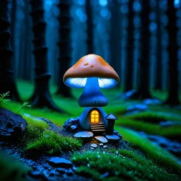 "Close up of a wonderful tiny Mushroom Tower home. blue and orange with bright white, deep black and contrasting tones of gray. Illuminated bioluminescent forest. Professional painter, master at composition. small but detailed. broken, blurred background, voluminous lighting"