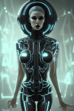 cyberpunk, black latex body, women, body portrai, big boobs, highlight eyes perfect, skin, tron, cyborg, perfekt sexy, real, dream, hr giger