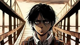 eren yeager walking alone on a bridge with his face showed up