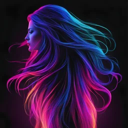 Create a vibrant and colorful neon artwork featuring the back of a woman's head with long flowing hair. The hair should be illuminated with a gradient of bright neon colors, including shades of pink, purple, blue, and yellow. The background should be dark to highlight the neon glow of the hair. Ensure the lighting and color transitions are smooth and the overall style is reminiscent of retro 80s neon art. The image should be high-resolution and have a dreamy, almost surreal quality.