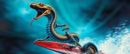 airbrush and pen outline, master oil painting by Rembrandt, chrome mega snake man viggo sandvik as insane eel wild ginger robot on surfboard boat trike , goa trance glitch poster, background motion blur, volume fog with light rays