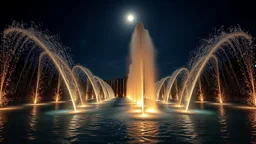 moonlight, sparkling fountains, recreation, relaxation, luxury, magnificent, showers, glistening water spray, charismatic person, dream world, calm beauty, symmetry, fantasy world, magic, splendor, ecstatic, uplifting, inspiring, therapeutic, chiaroscuro, color, award-winning colour photograph, beautiful composition, exquisite detail.