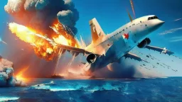 fighter jet shoots missile at passenger 747 plane and it explodes while flying over the ocean