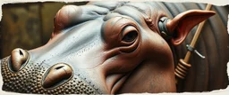 airbrush and pen outline, french art , extreme close up on hippo farmer elf family scumbag , pinhole cam, airbrush 3d rendering, in the style of Titian and Rembrandt , torn edges on border